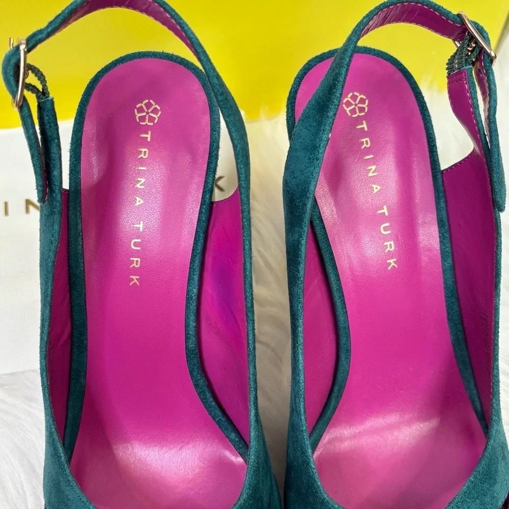 NIB New with‎ Box Trina Turk Joni Platform Suede Heels in Aqua Bloom Size 7.5
